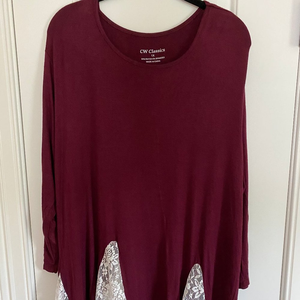 Long Sleeve Tee with Lace Trim in Red